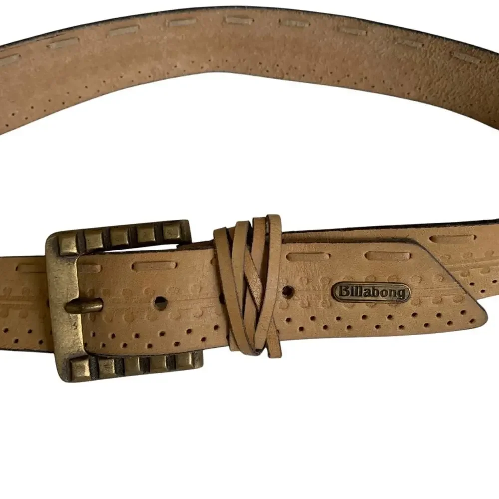 Billabong Tan Perforated Leather Belt Square Brasstone Buckle Size L